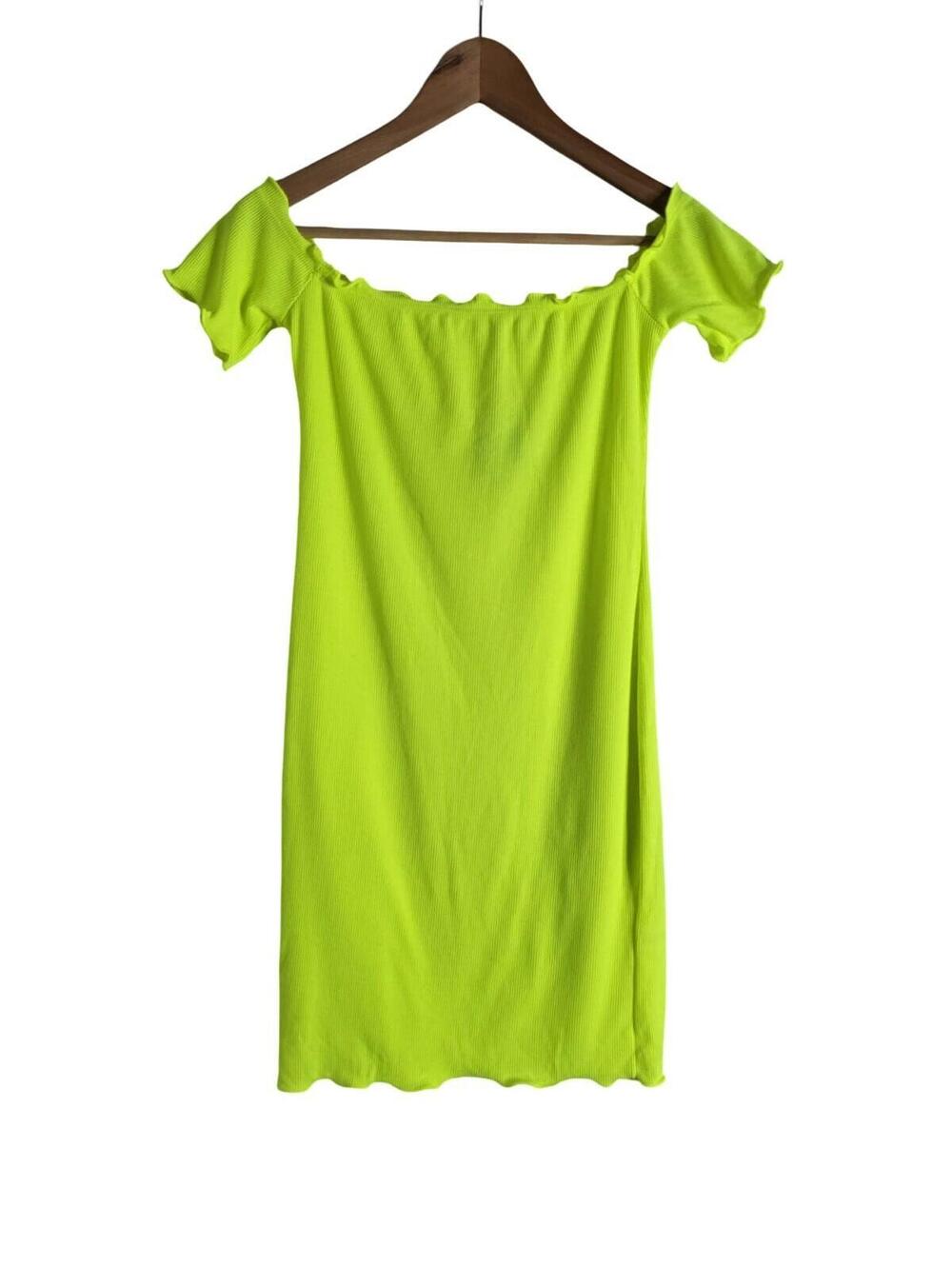 Heart Hips Neon Lime Off The Shoulder Ribbed Mini Dress Lettuce Edge Trim Size M